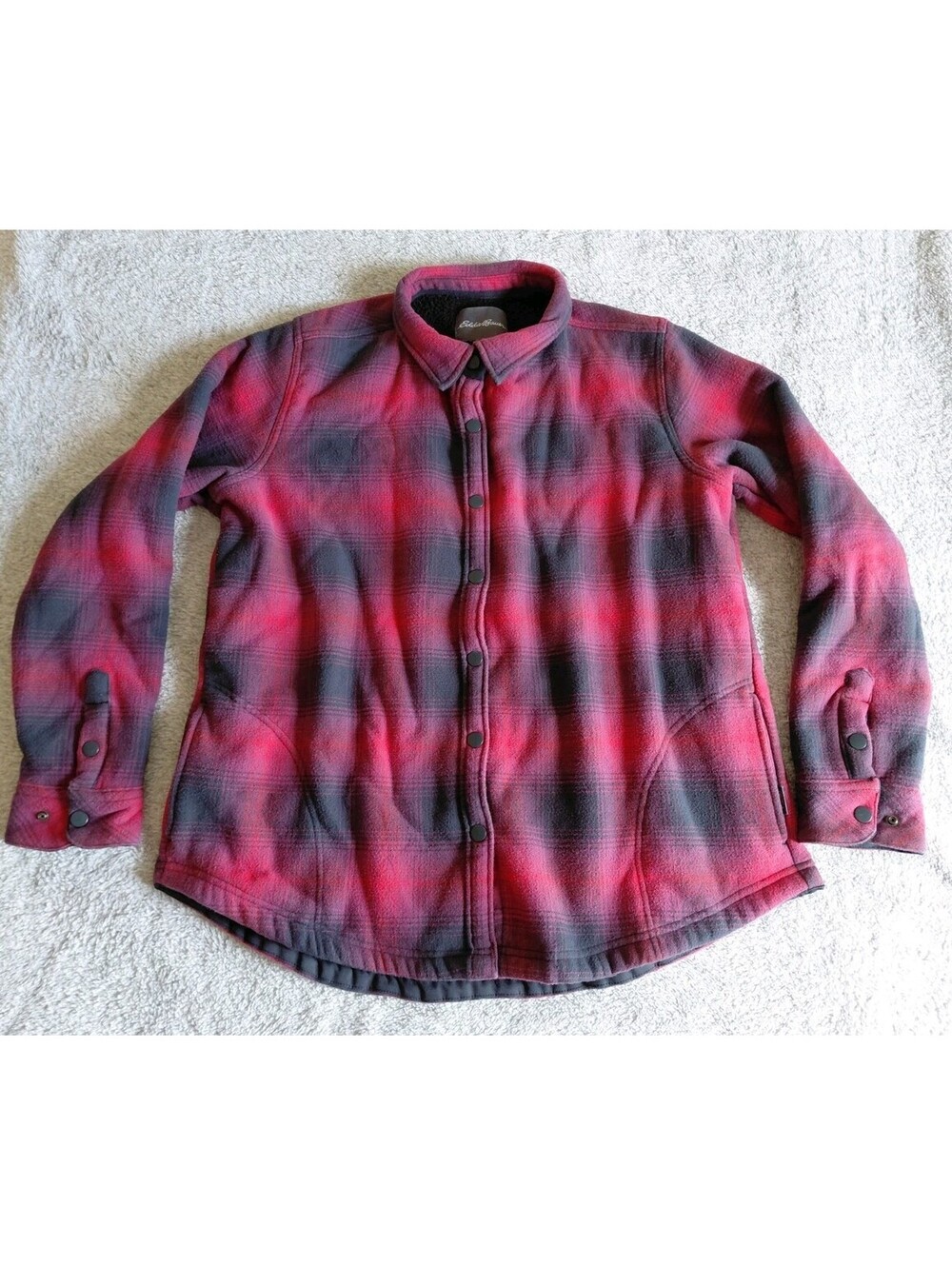 Eddie Bauer Sherpa Lined Flannel Jacket Womens XL Red Purple Plaid Snap